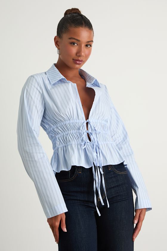 Polished Essence Blue Striped Collared Tie-Front Top