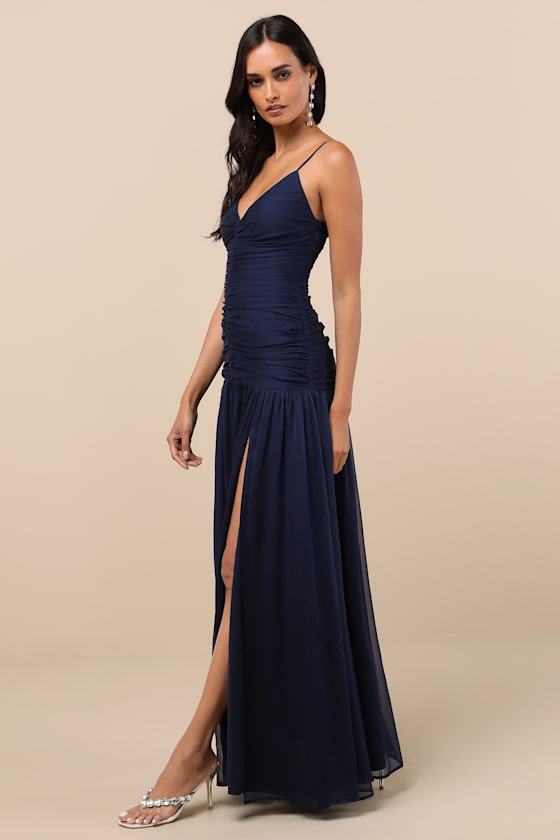 Ronna Navy Ruched Drop Waist Maxi Dress