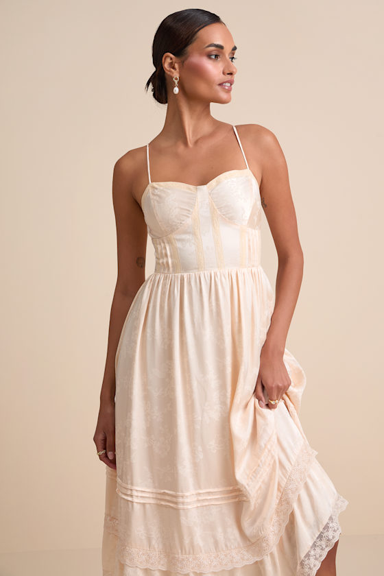 Sarisha Blush Satin Jacquard Bustier Midi Dress