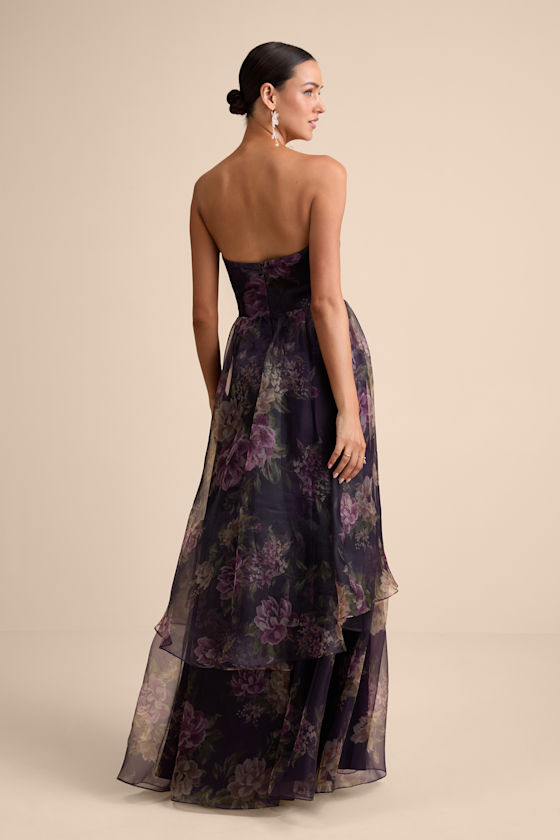 Truly Extraordinary Purple Floral Organza Strapless Maxi Dress