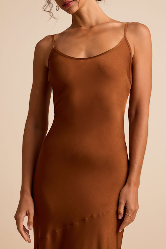 Riyona Rust Brown Satin Seamed Sleeveless Maxi Dress