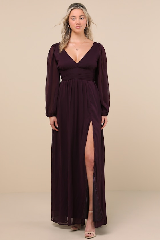 Enchant My Love Dark Purple V-Neck Long Sleeve Maxi Dress