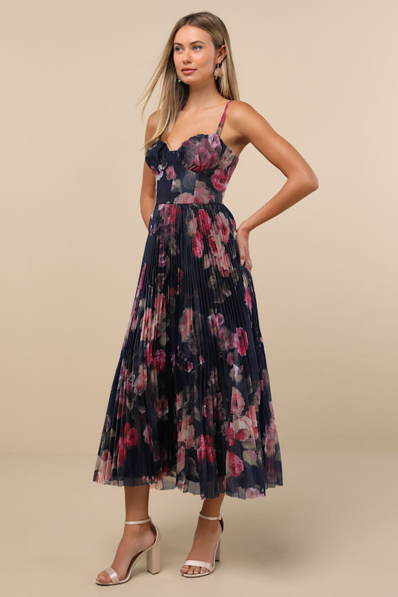 Alluring Invite Midnight Blue Floral Pleated Bustier Midi Dress