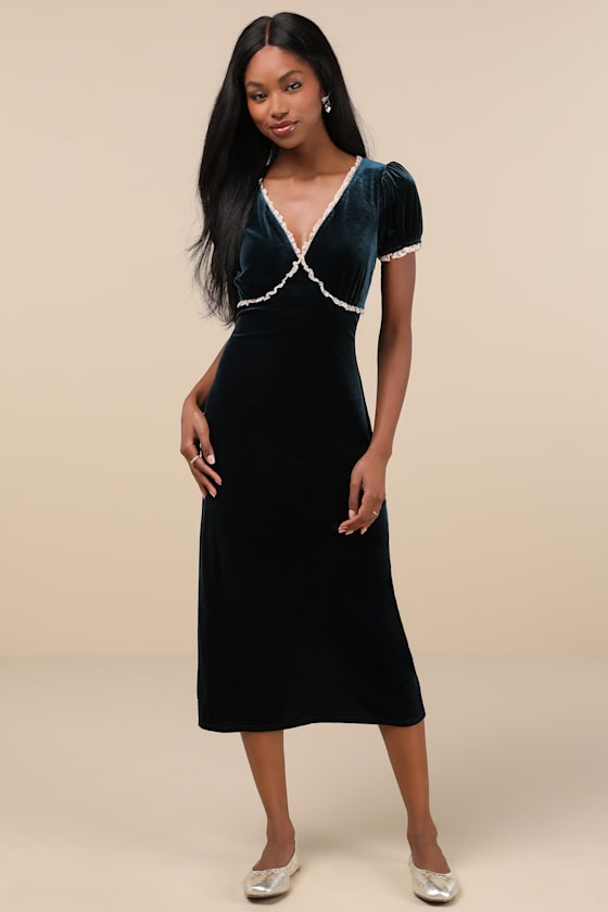 Idyllic Poise Dark Teal Velvet Puff Sleeve Lace Midi Dress