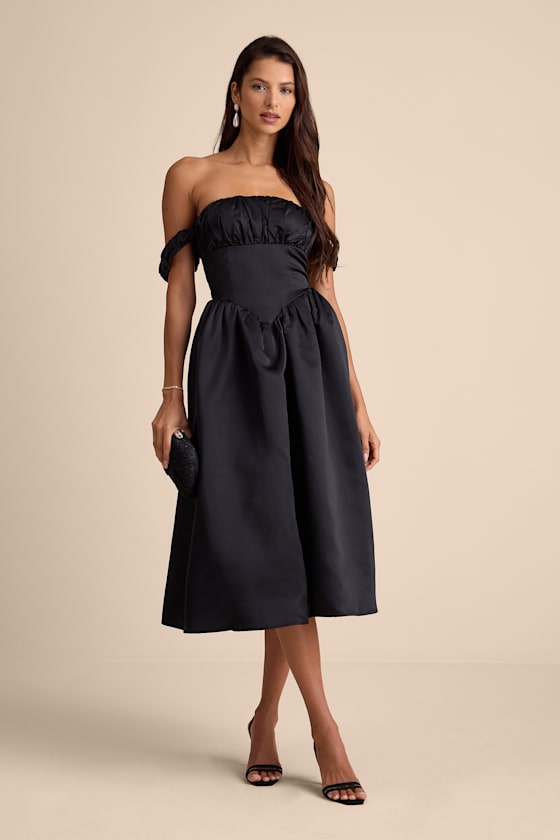 Coquette Essence Black Satin Off-the-Shoulder Lace-Up Midi Dress