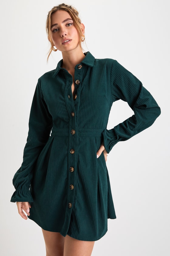 Autumn Mood Emerald Green Corduroy Mini Dress With Pockets