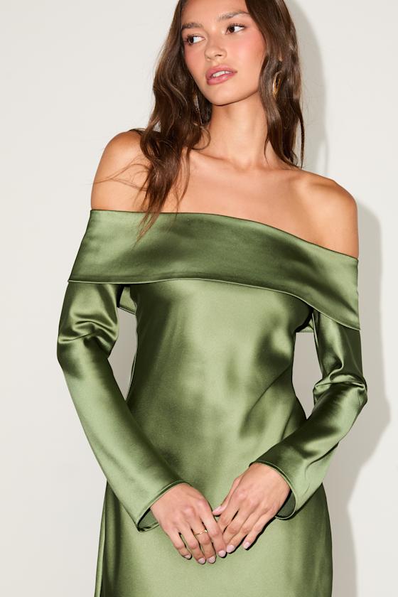 Luxurious Vision Olive Green Satin Off-the-Shoulder Mini Dress