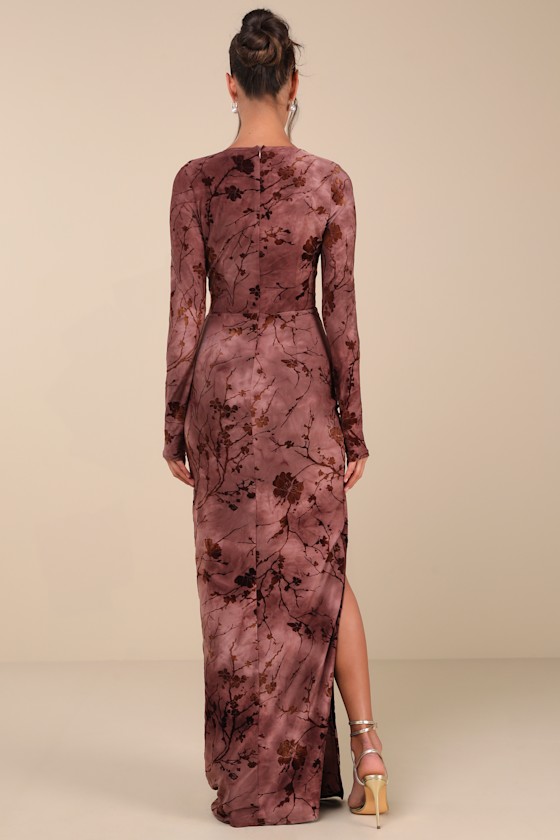 Dynamic Sensation Dark Mauve Floral Velvet Burnout Maxi Dress