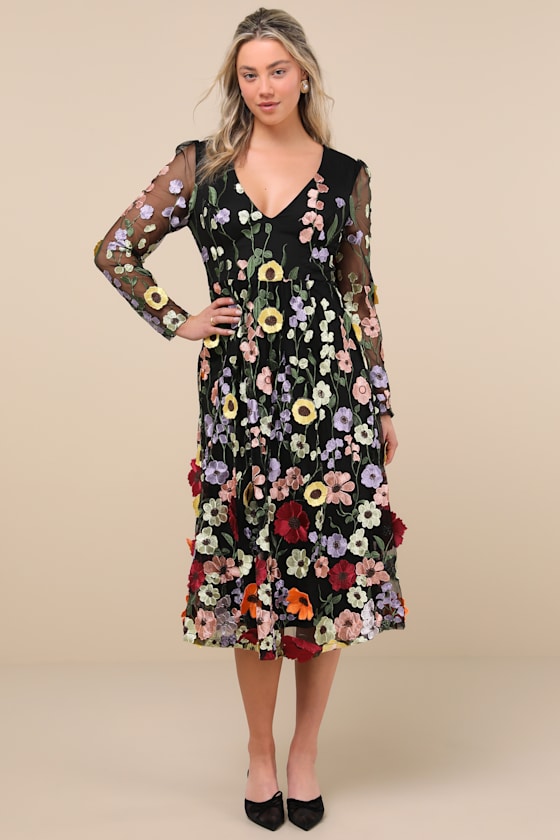Impressive Blossom Black 3D Floral Embroidered Midi Dress
