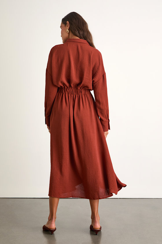Timeless Class Rust Collared Button-Up Pleated Midi Dress