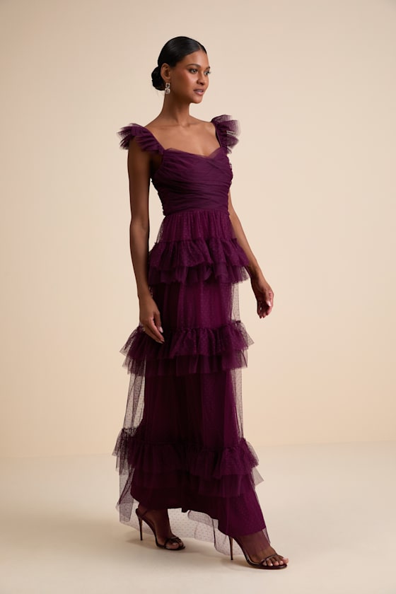Pure Radiance Plum Purple Mesh Swiss Dot Tiered Maxi Dress