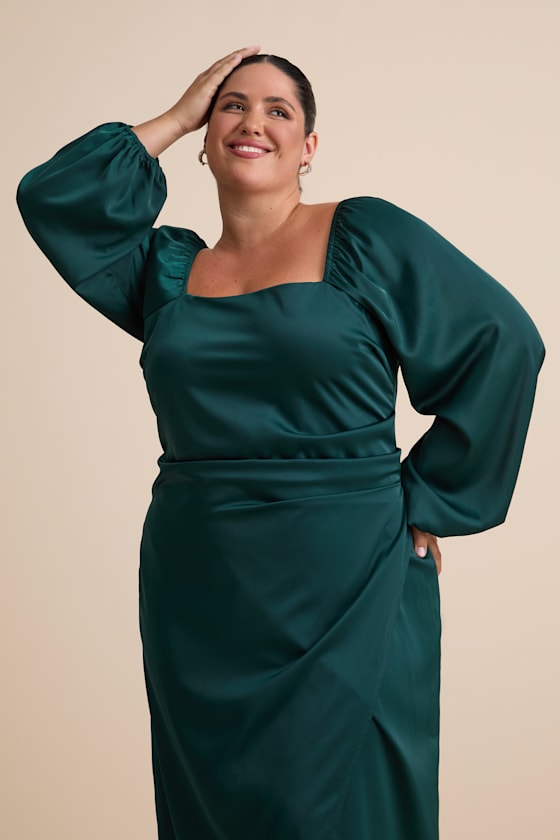 Eternal Heart Emerald Green Satin Long Sleeve Maxi Dress