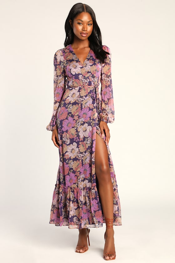 Feeling Sweet Purple Floral Print Long Sleeve Wrap Maxi Dress