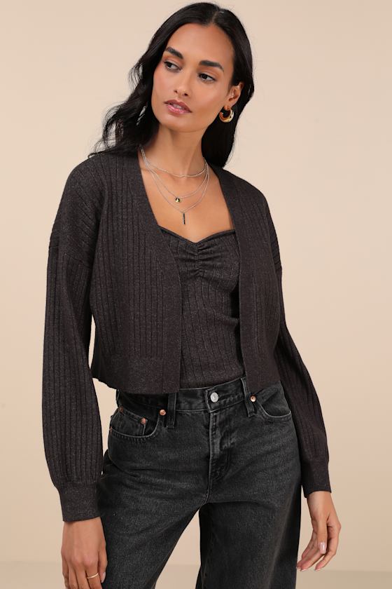 Cutest Duet Charcoal Knit Cami Top and Cardigan Sweater Set