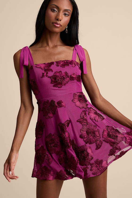 Truly Inspiring Plum Mesh Floral Applique Tie-Strap Mini Dress