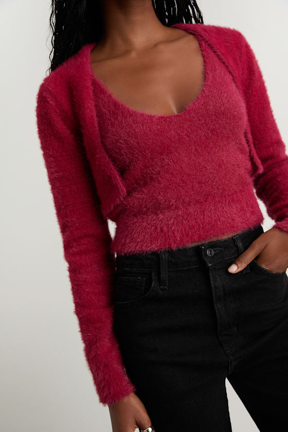 Mekea Berry Red Eyelash Knit Tank Top and Cropped Cardigan Set