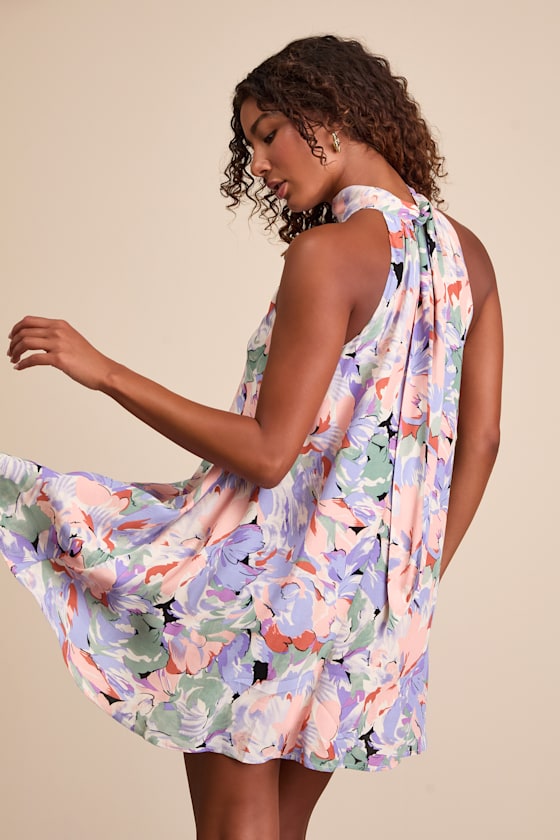 Tied Back To You Lavender Multi Floral Print Mini Shift Dress