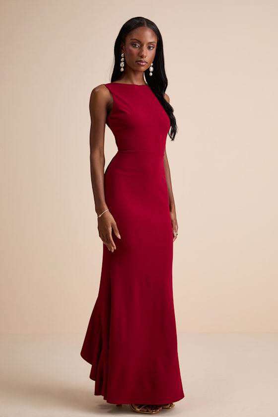 Exquisite Refinement Red Backless Bow Ruffled Maxi Dress