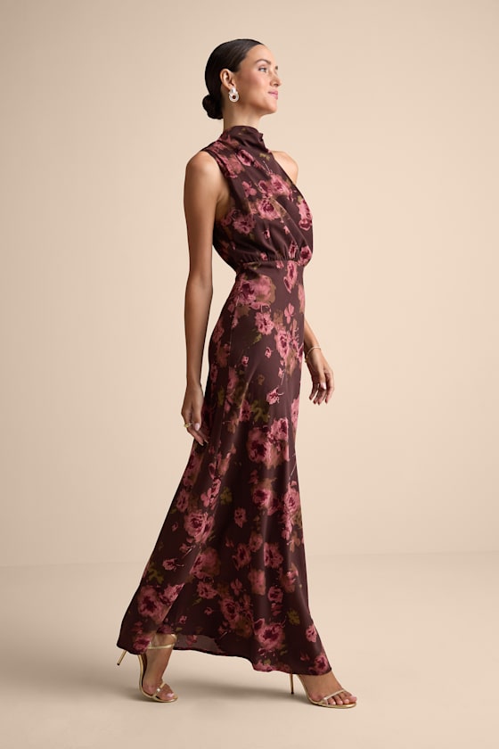 Distinctive Charm Brown Floral Satin Asymmetrical Maxi Dress