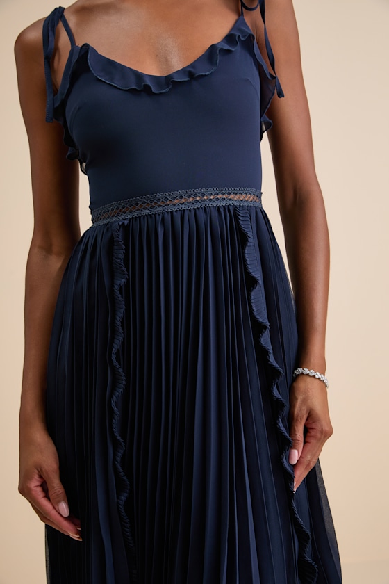 Never a Dull Moment Navy Tie-Strap Pleated Midi Dress