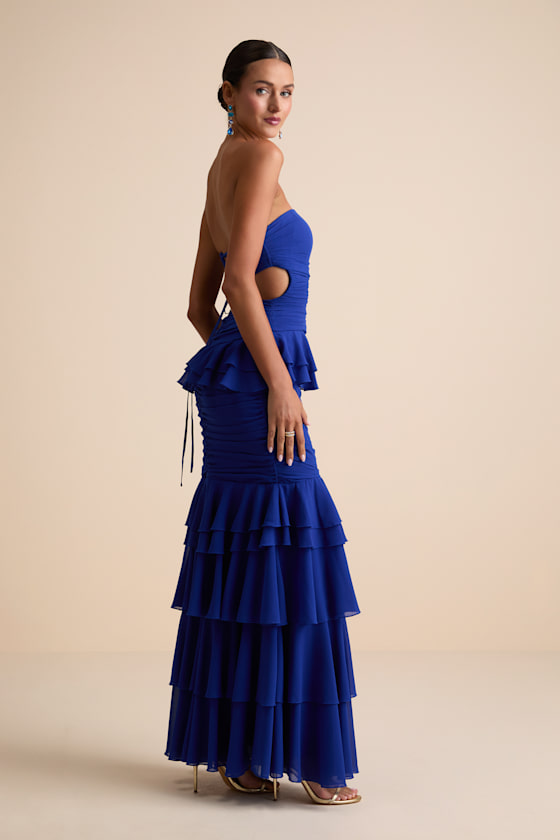 Loni Blue Strapless Ruffled Maxi Dress