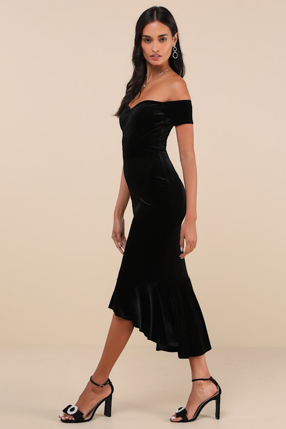 How Much I Care Black Velvet Off-the-Shoulder Midi Dress
