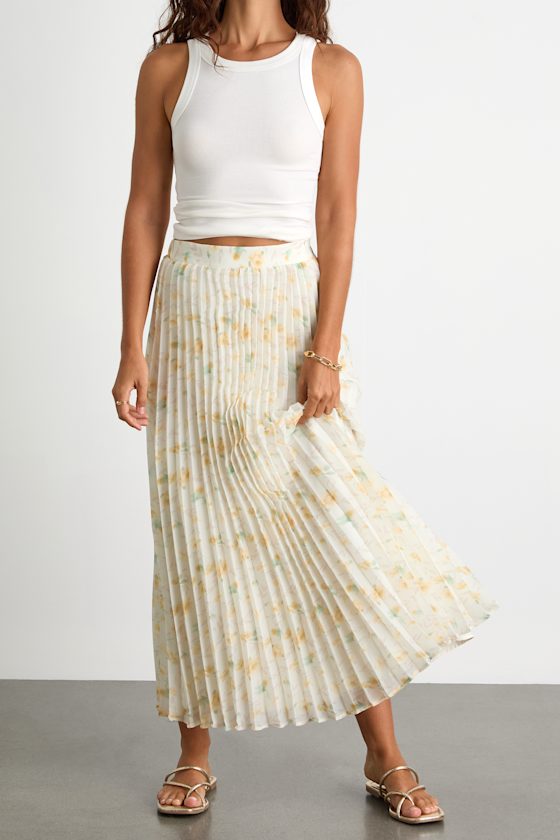 Olyana Ivory and Yellow Floral Pleated Midi Skirt