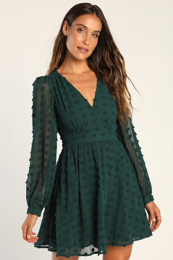 Always on Repeat Emerald Green Clip Dot Long Sleeve Mini Dress