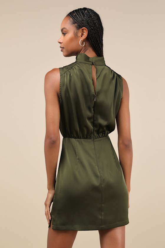 Classic Elegance Olive Satin Sleeveless Mock Neck Mini Dress