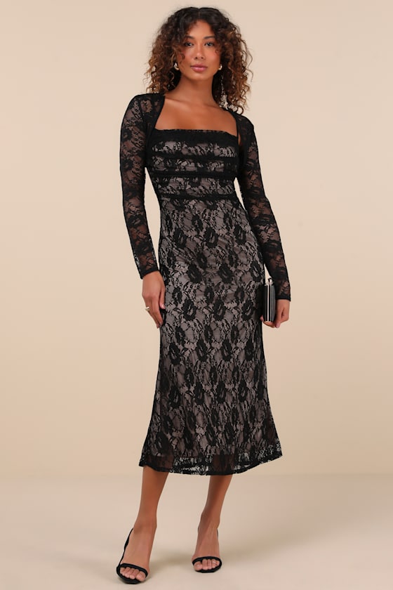 Certainly Iconic Black Lace Midi Dress and Shrug Set