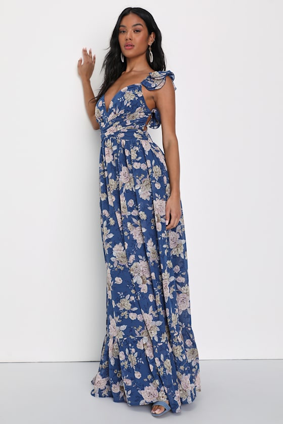 Soiree Celebration Blue Floral Ruffled Lace-Up Maxi Dress
