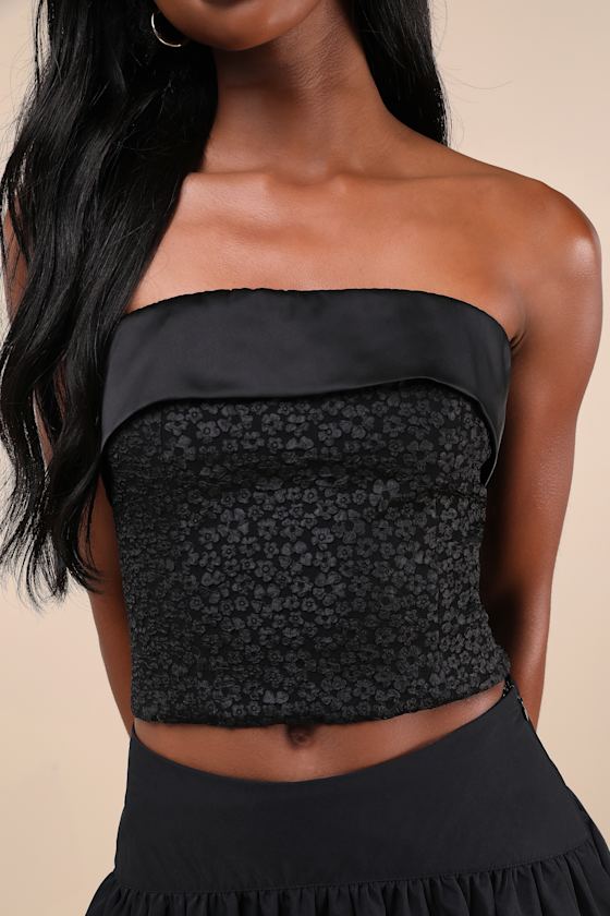 Envied Confidence Black Jacquard Cropped Strapless Top