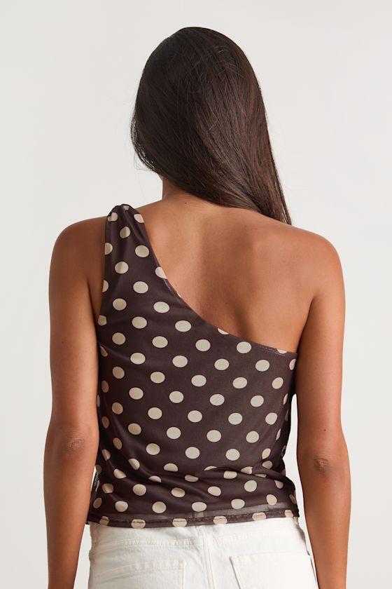 Saskia Chocolate Brown Polka Dot Mesh One-Shoulder Top