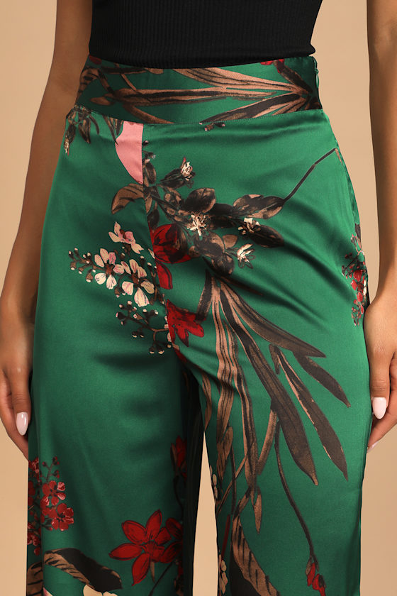 Thriving Vibes Green Floral Print Satin Wide-Leg Pants