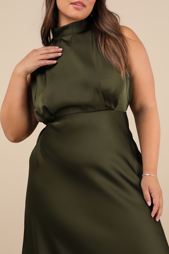 Classic Elegance Olive Satin Sleeveless Mock Neck Maxi Dress