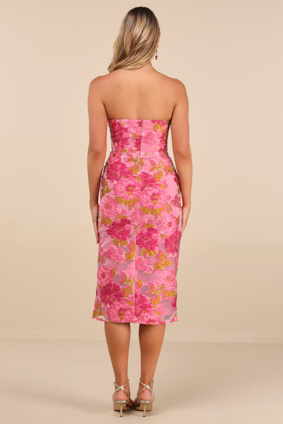 Upgraded Event Pink Jacquard Strapless Bustier Midi Dress