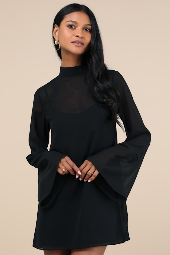 Perfected Charm Black Bell Sleeve Mini Shift Dress