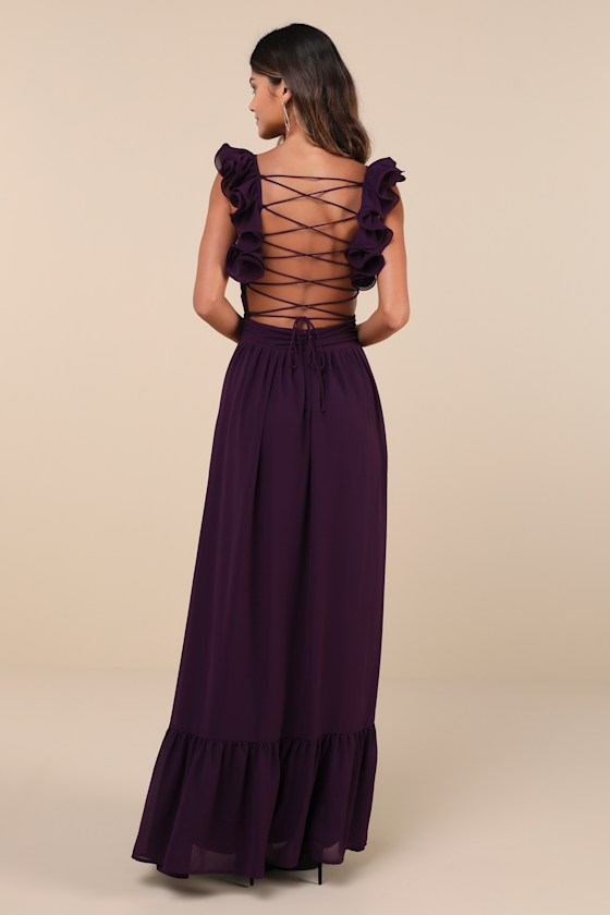 Soiree Celebration Purple Ruffled Lace-Up Maxi Dress