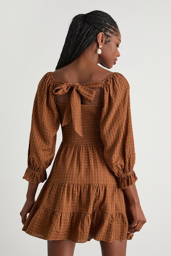 Charming Afternoon Tan Gingham Balloon Sleeve Mini Dress