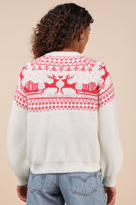 Cutest Cheer Ivory and Red Fair Isle Pullover Sweater