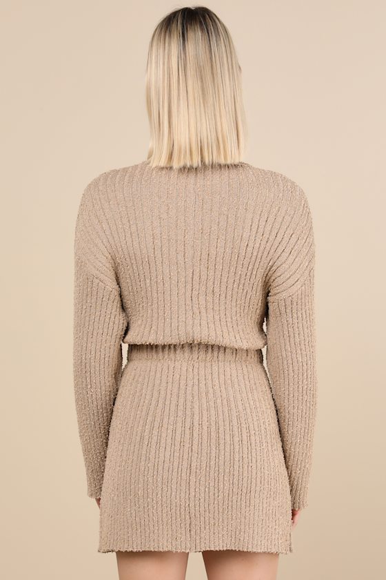 Considerable Charm Beige Boucle Knit Sweater Mini Dress