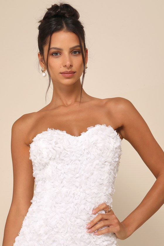 Gorgeous Mentality White 3D Floral Strapless Midi Dress