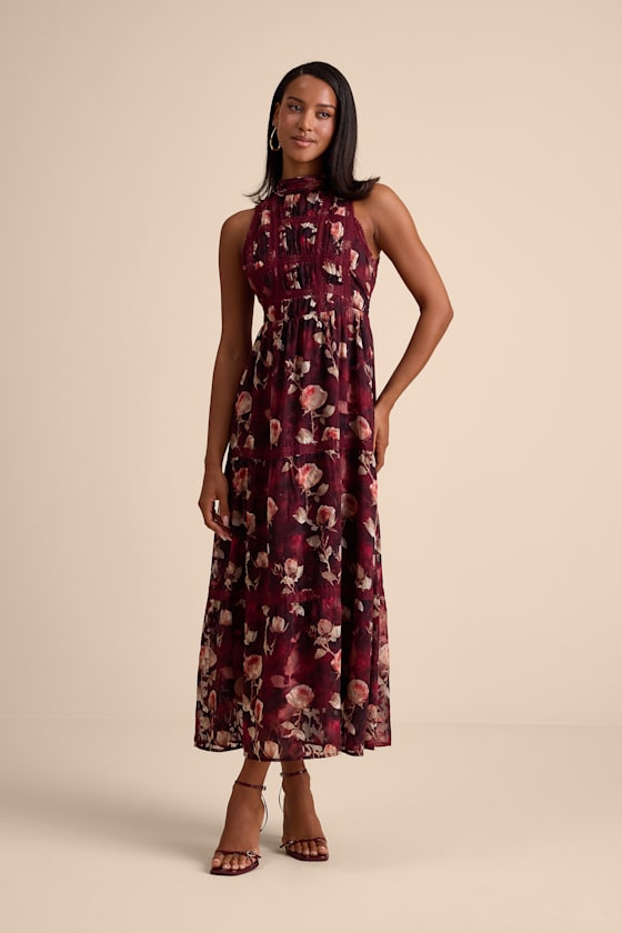 Etheline Burgundy Floral Lace Tiered Midi Dress