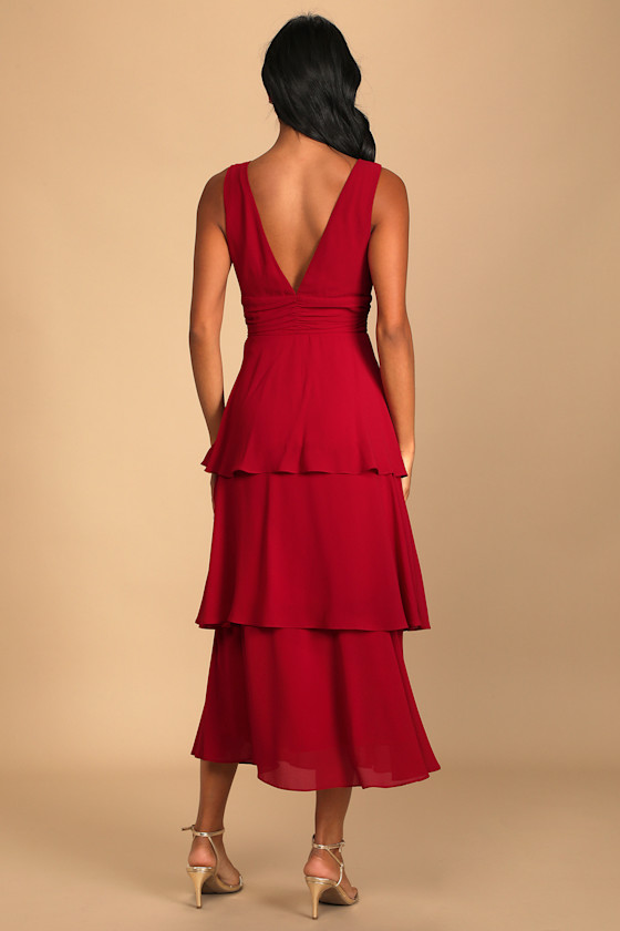 Celebration Time Red Sleeveless Tiered Midi Dress