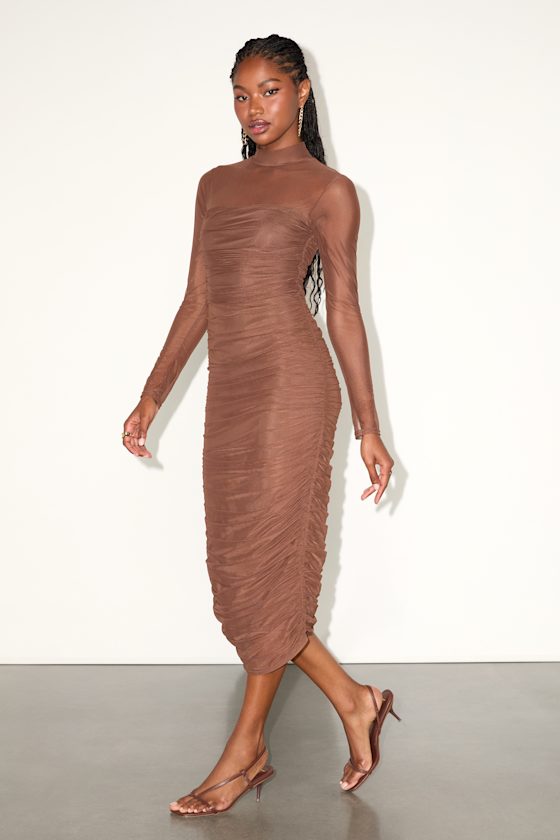 Impressive Flirt Brown Mesh Ruched Mock Neck Midi Dress