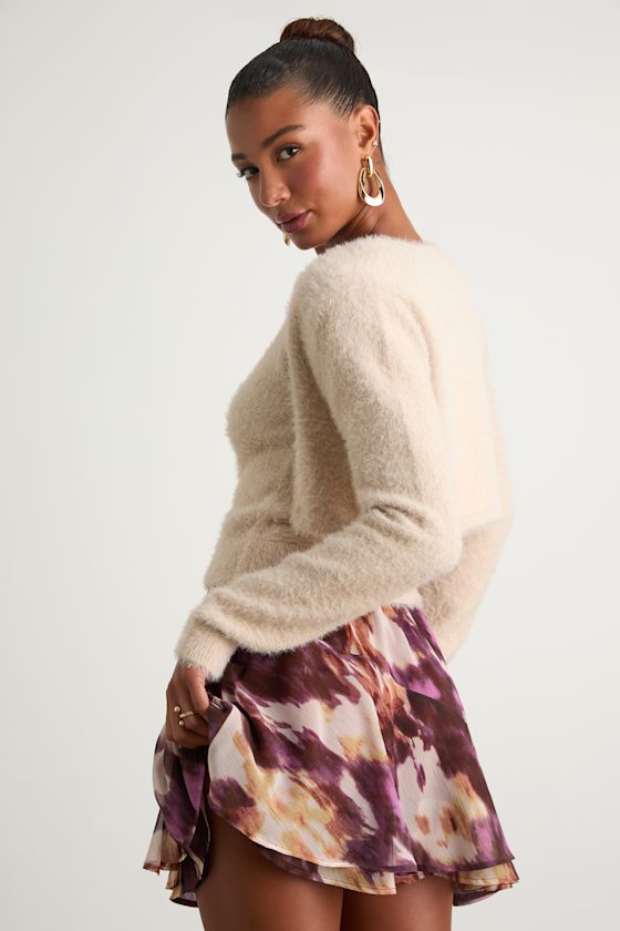 Mekea Beige Eyelash Knit Tank Top and Cropped Cardigan Set