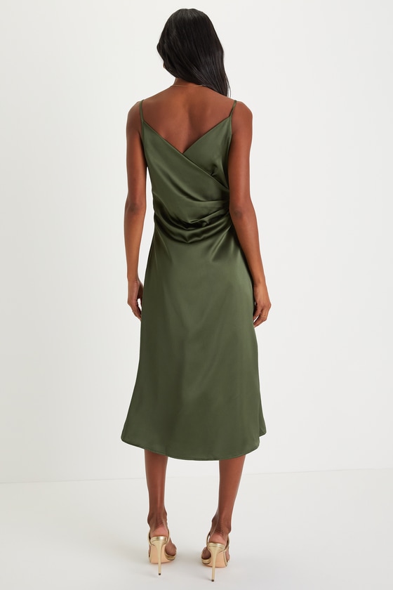 Simplicity of Love Olive Green Satin A-Line Midi Dress