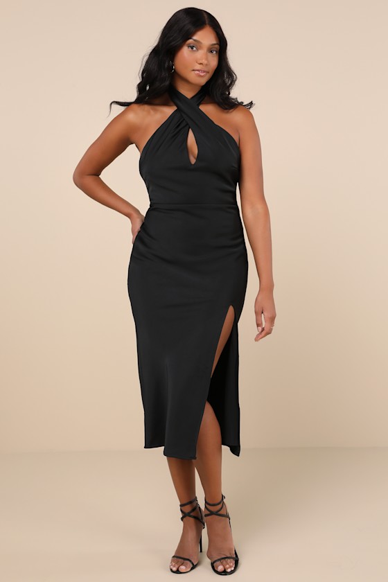 Beyond Classy Black Satin Halter Midi Dress