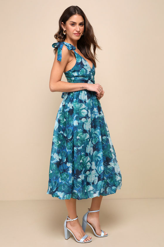 Flowering Day Dream Teal Blue Floral Organza Midi Bubble Dress