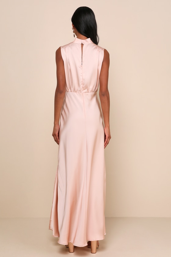 Classic Elegance Blush Satin Sleeveless Mock Neck Maxi Dress
